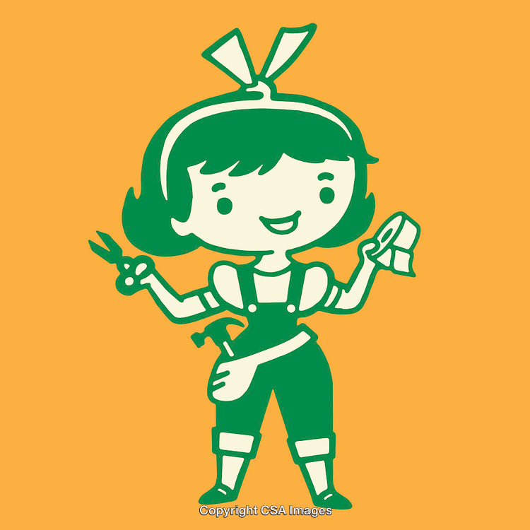Playful Line Art of Handy Girl Holding Tools on Orange Background