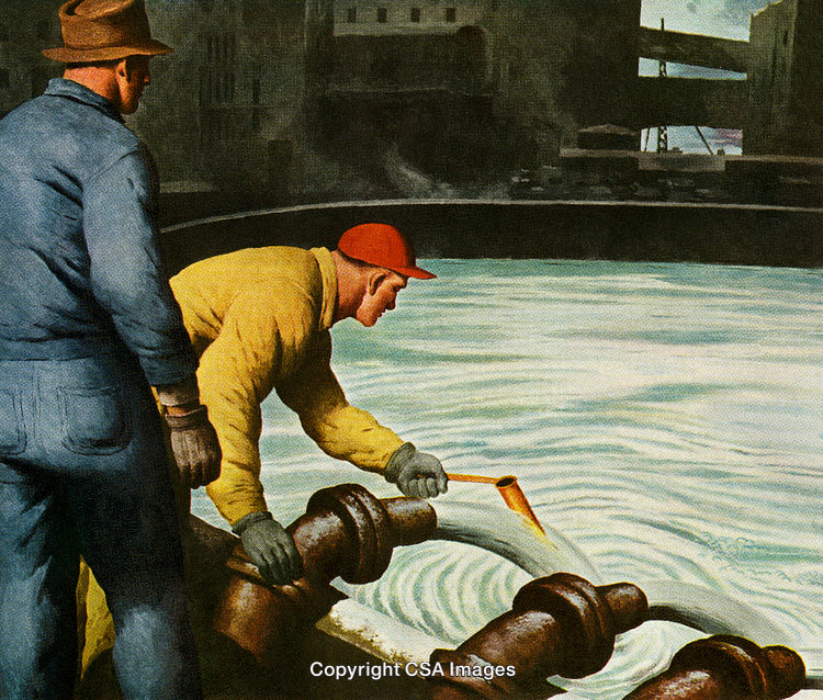 Industrial Workers Engaged in Pipe Maintenance Around a Flowing Water Canal