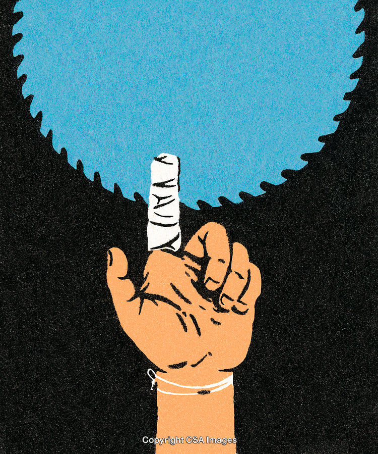 Bandaged Finger Near Saw Blade Representing Danger and Workplace Safety