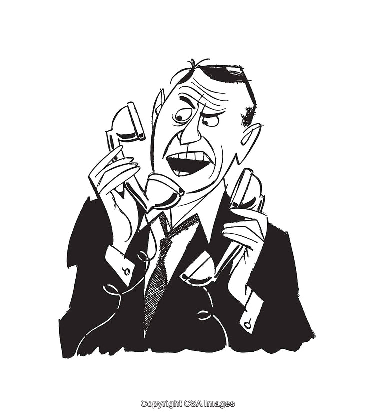 Businessman Stressfully Managing Multiple Phone Calls in Black and White Line Art