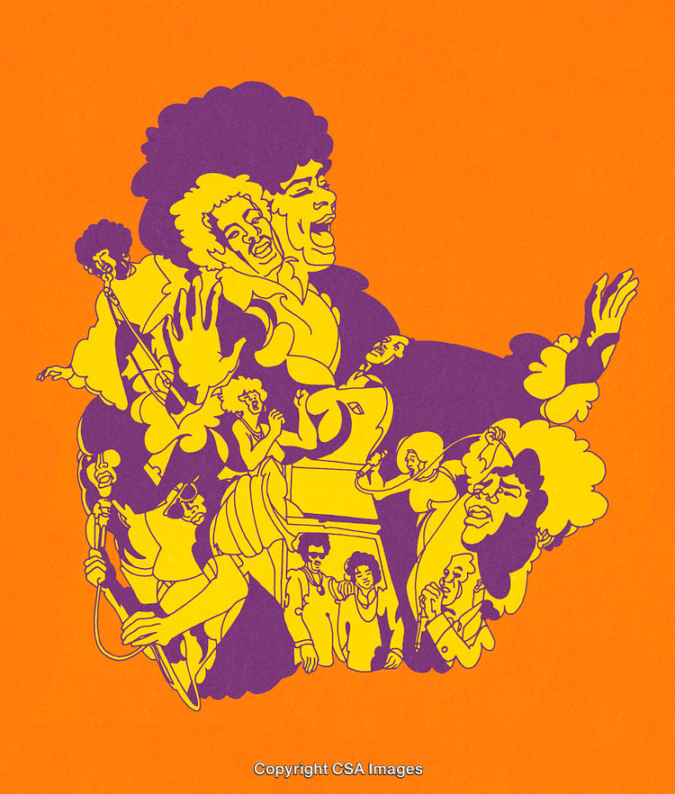 Psychedelic Retro Collage of Musical Figures and Celebration in Bold Colors