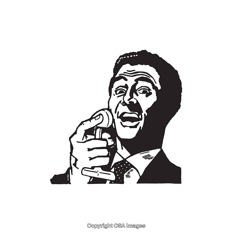 Black and White Illustration of Man Singing into Microphone