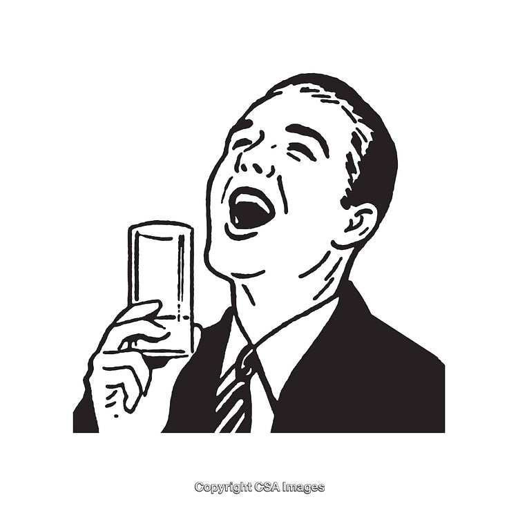 Vintage Line Art Illustration of a Cheerful Businessman Holding a Glass