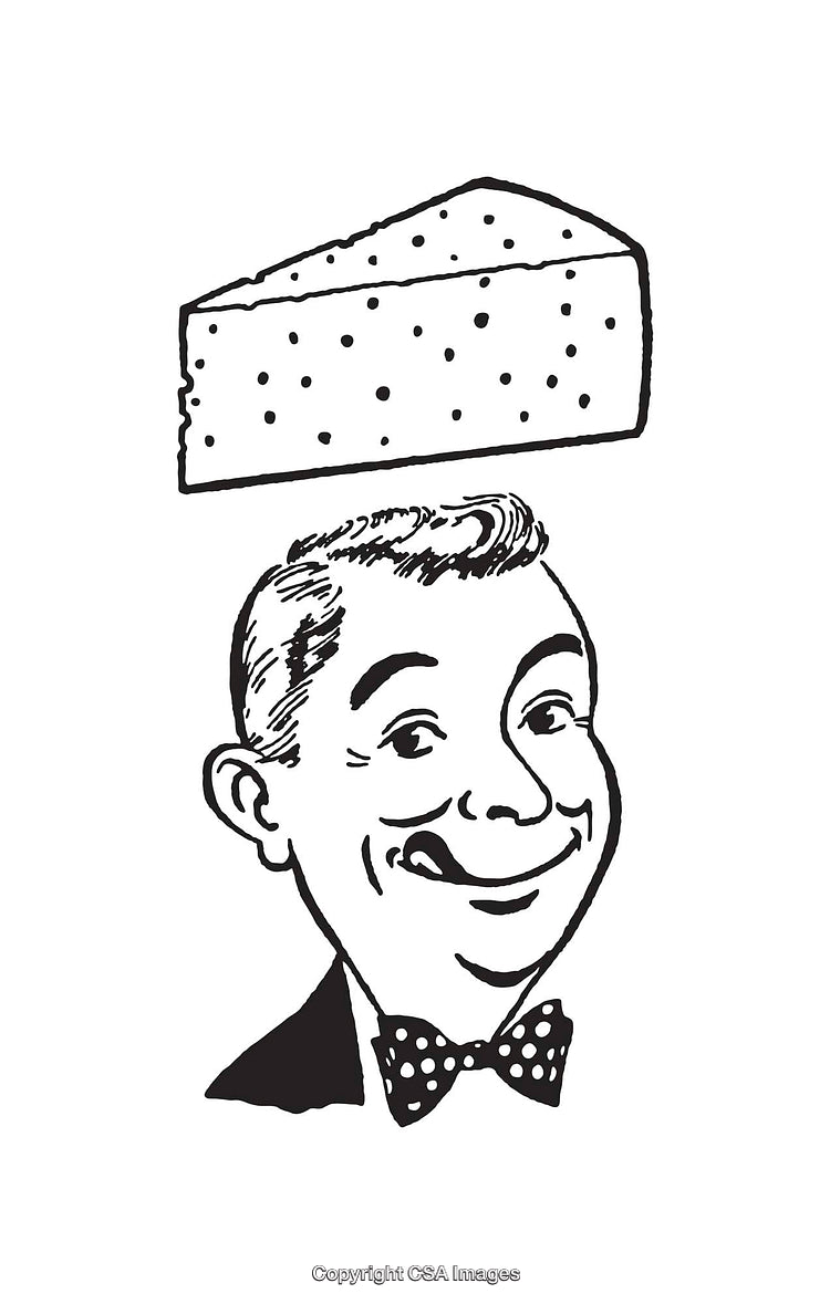 Retro Styled Illustration of a Man With a Slice of Cheese Above