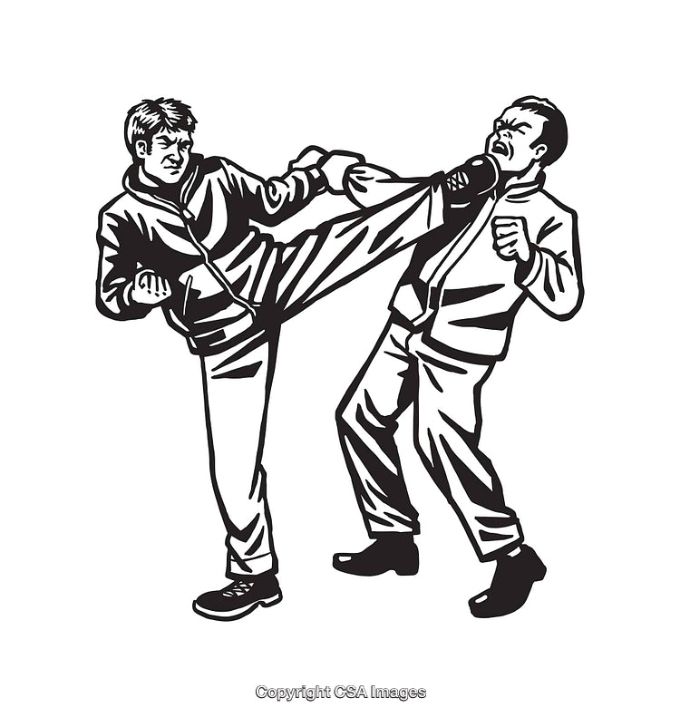 Black and White Line Art of Two Men Fighting in Martial Arts