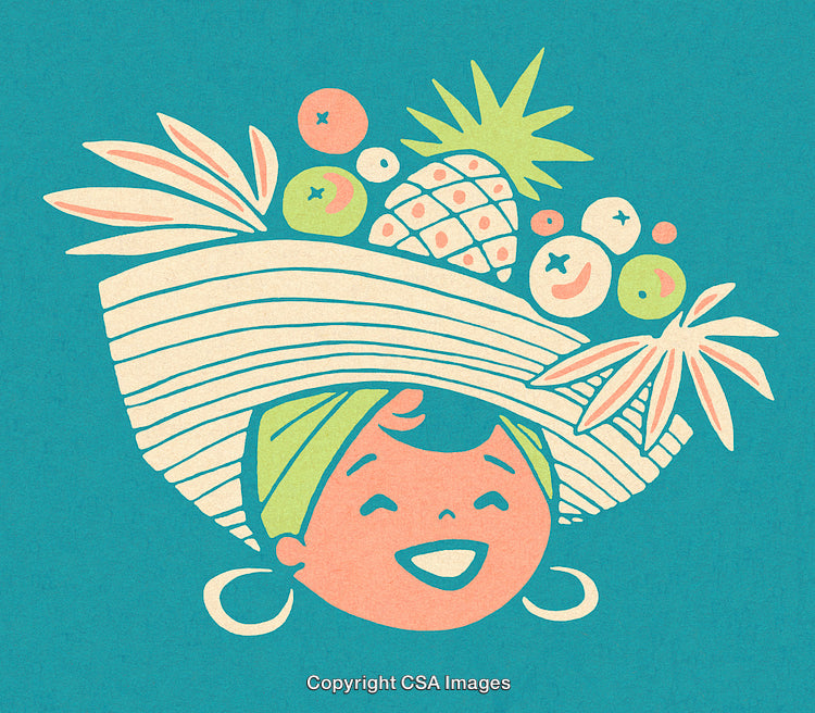 Cheerful Illustration of a Woman With a Vibrant Tropical Hat and Smile