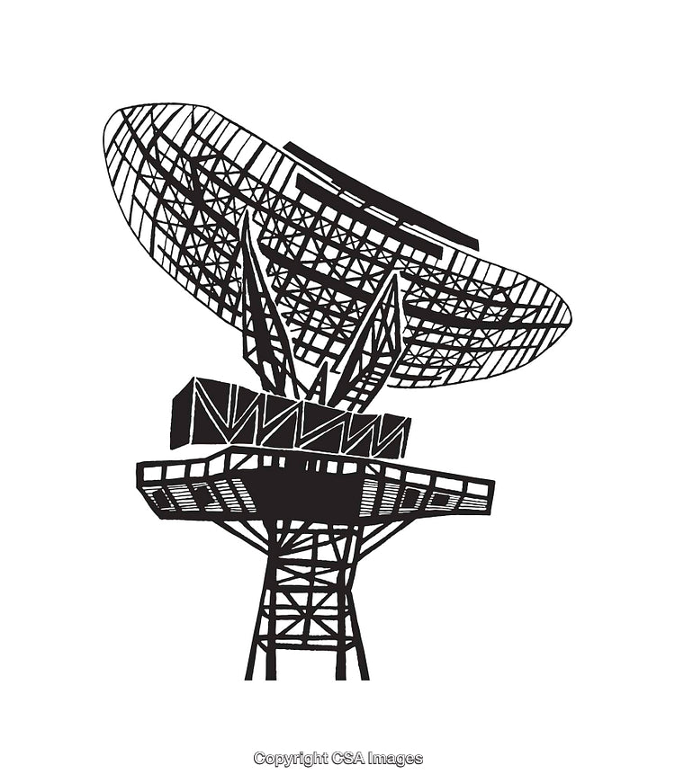Black and White Line Art of a Satellite Dish Radar Antenna
