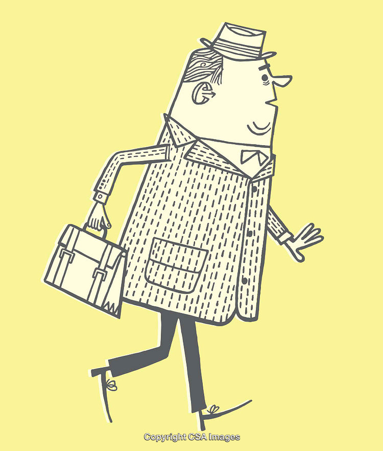 Vintage Line Art Illustration of a Businessman Walking with a Briefcase