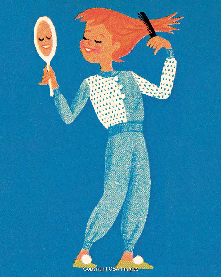 Vintage Illustration of a Cheerful Woman Brushing Hair with Mirror and Comb