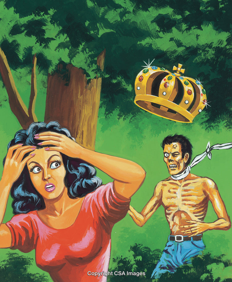 Woman Shocked by an Approaching Skeleton in a Forest Scene