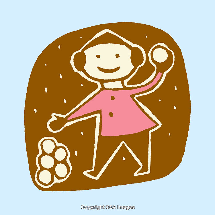 Cartoon Illustration of a Child Playing with Snowballs in Winter