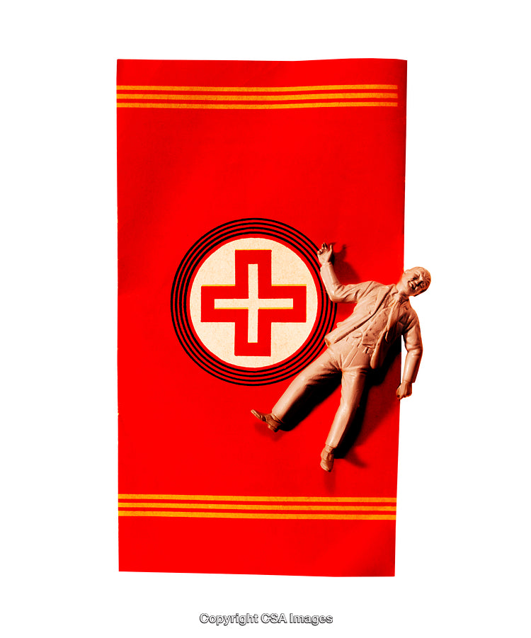 Creative Toy Representation of Healthcare on a Bold Red Background