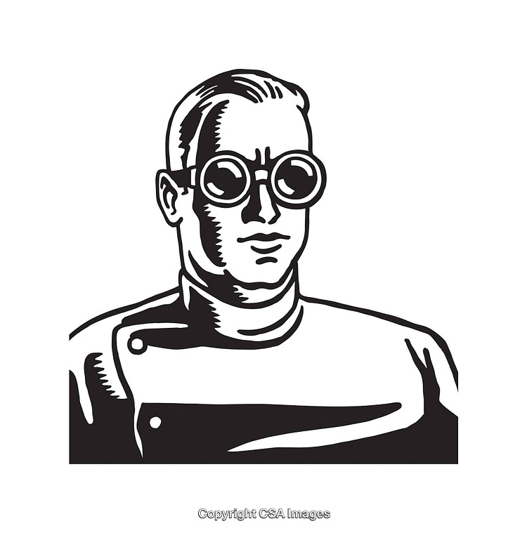 Black and White Illustration of Scientist Character Wearing Goggles