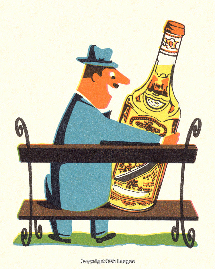Colorful Illustration of a Man Embracing a Giant Bottle on a Park Bench