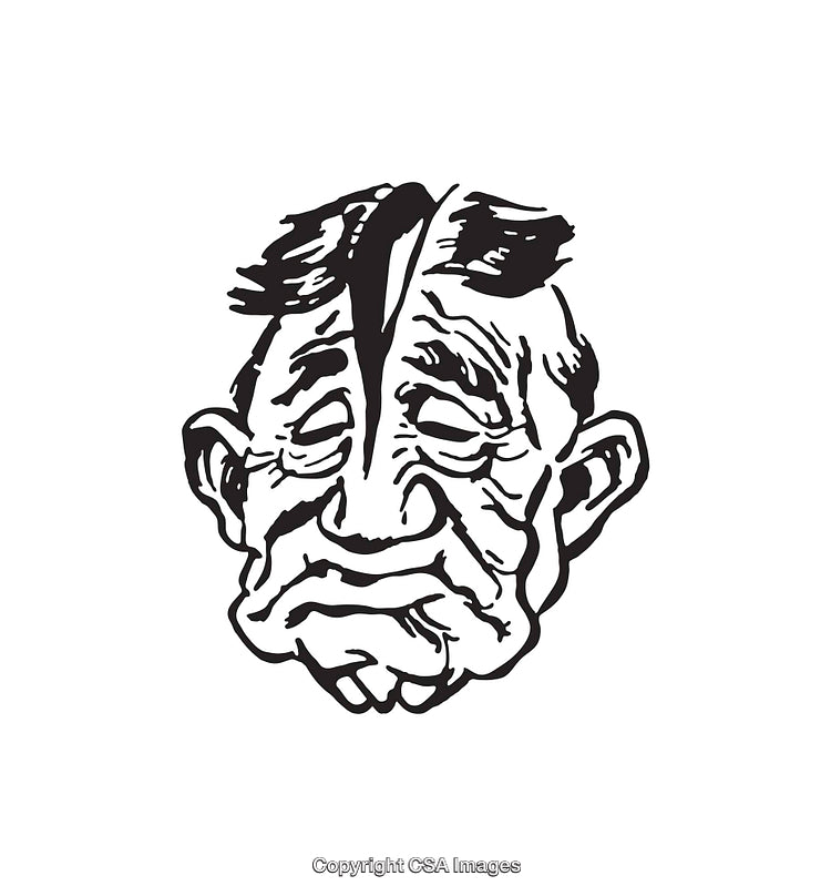 Black And White Line Art of a Thoughtful Elderly Face Illustration