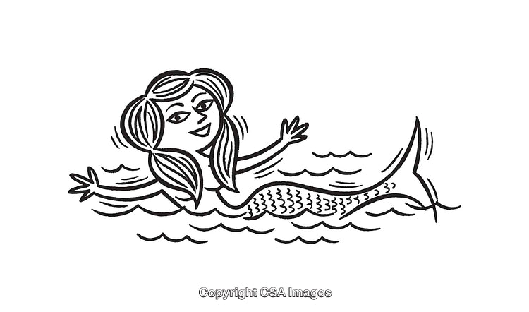 Black-and-White Line Art Illustration of a Mermaid Swimming in the Ocean