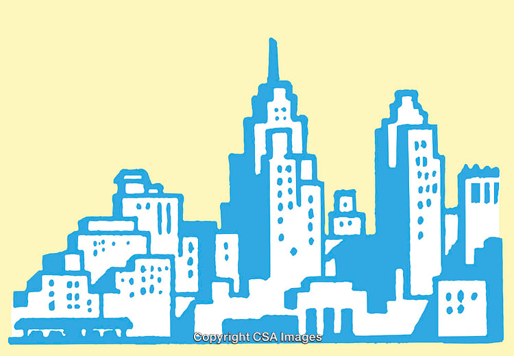 Stylized Blue and Yellow City Line Art Illustration