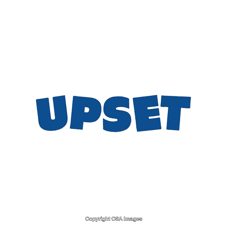 Bold Blue Lettering Displaying the Word Upset on White Background
