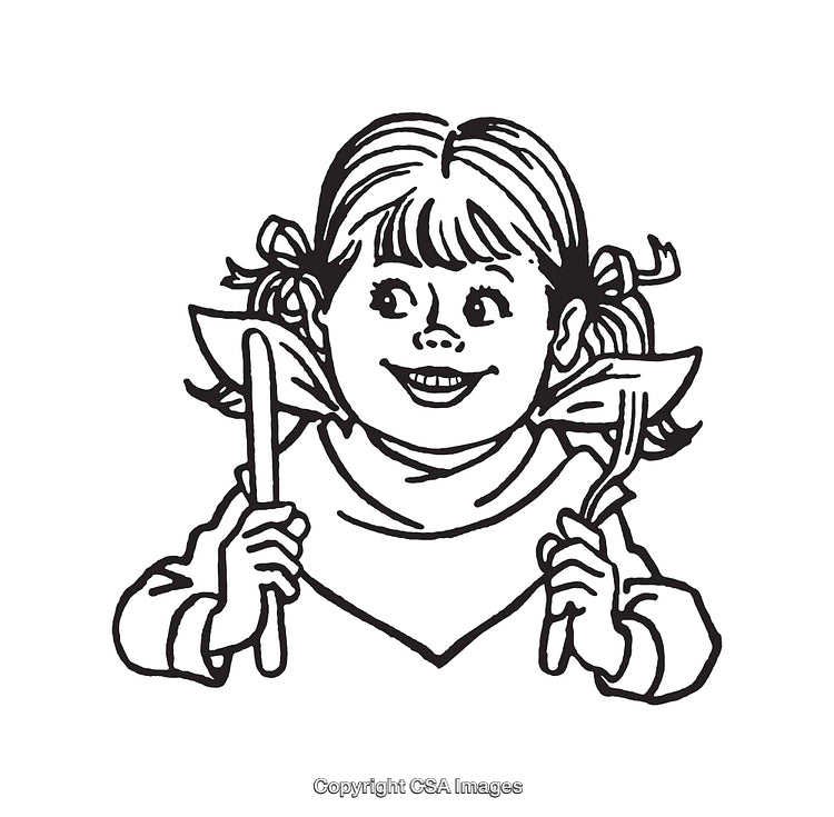 Black And White Illustration of a Smiling Girl Holding Fork and Knife