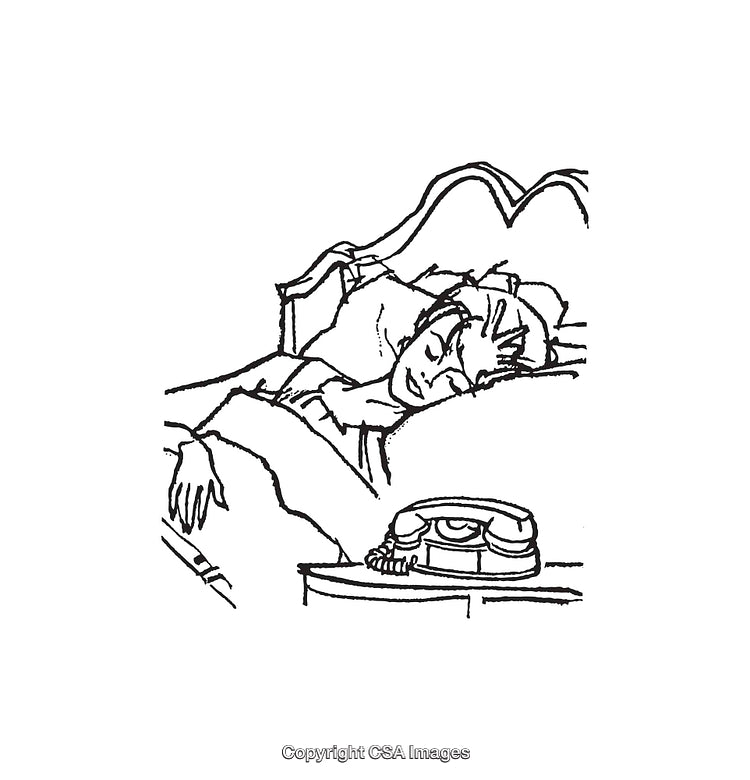 Line Art Illustration of a Sleeping Woman with Vintage Telephone on Bedside