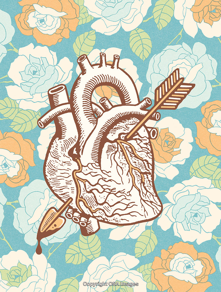 Illustrated Human Heart with Arrow Surrounded by Floral Background Art