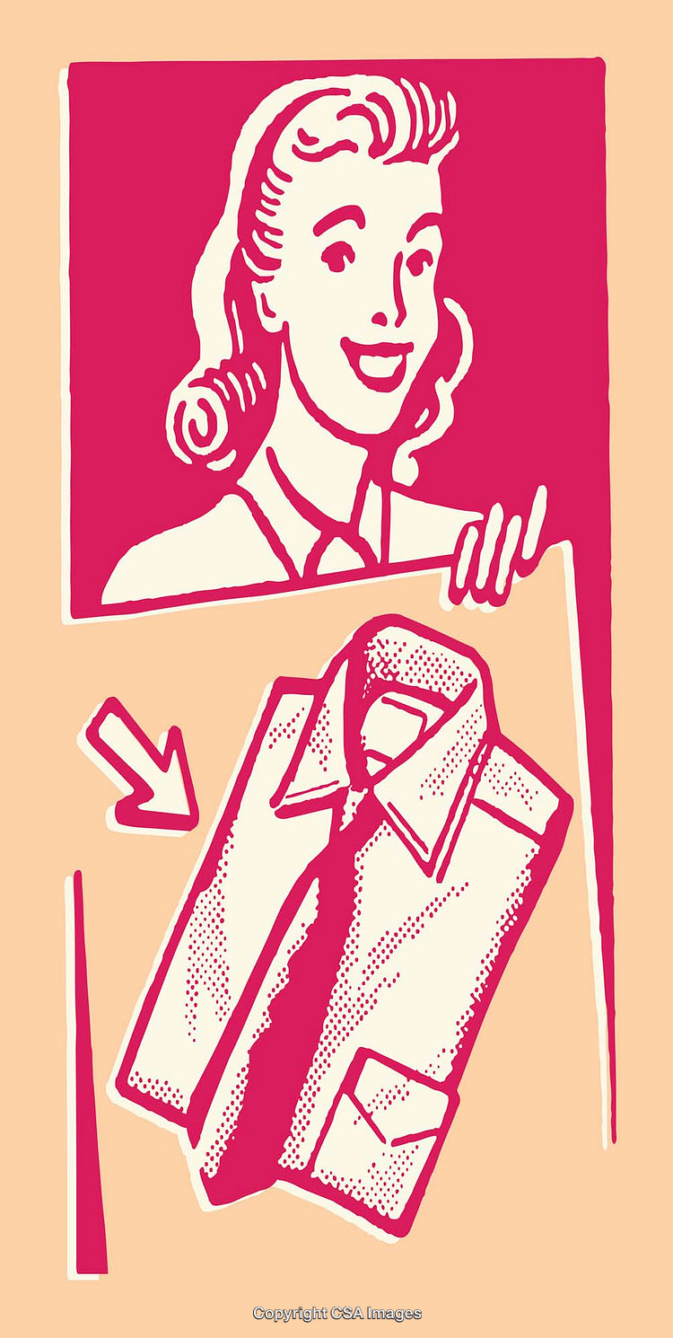 Retro Illustration of Woman with Folded Shirt and Tie in Pop Art Style