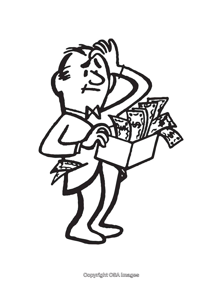 Black and White Line Art of Businessman with Box of Money