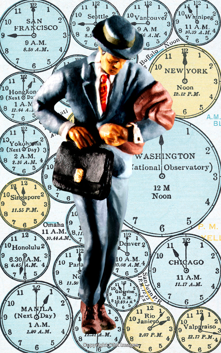 Businessman Toy Figure Against World Time Zone Background Collage