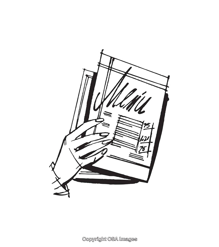 Illustration of a Hand Holding a Menu in Black and White Line Art