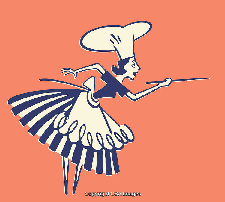 Retro-Style Female Chef Illustration with Exaggerated Pose and Motion