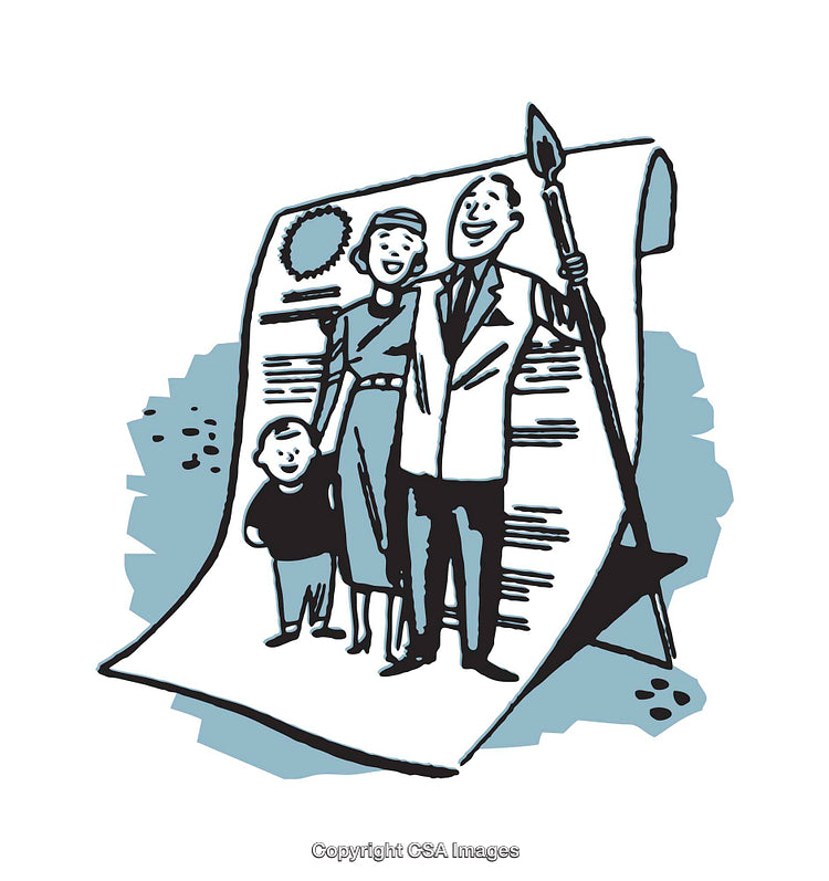 Family Standing Together with Document in Snappy Illustration Style