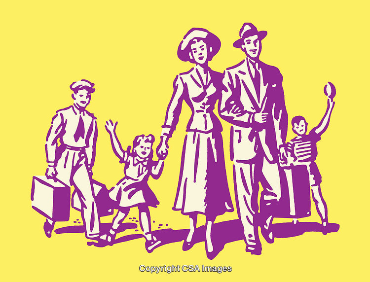 Vintage Line Art Family Illustration Depicting Togetherness and Nostalgic Journey
