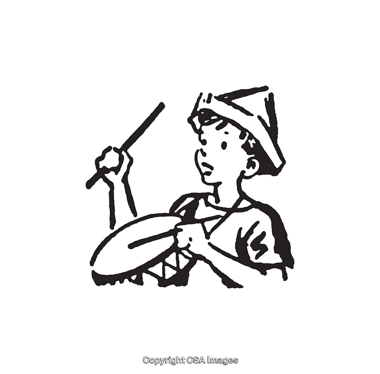 Black and White Line Art Illustration of a Child Playing a Drum