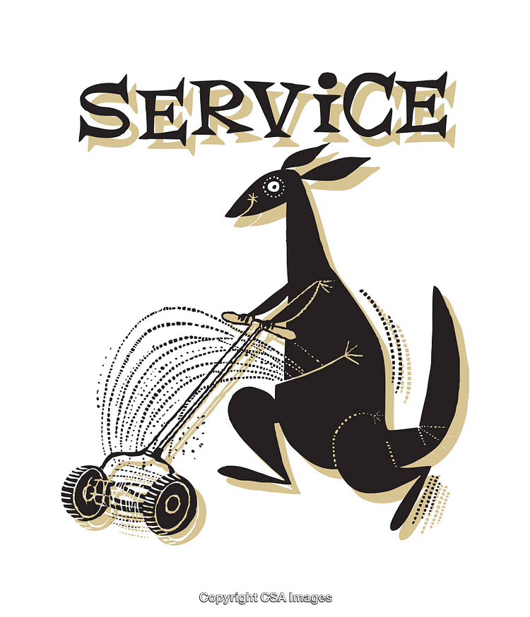 Playful Kangaroo Lawn Mowing Witty Service Illustration in Retro Style