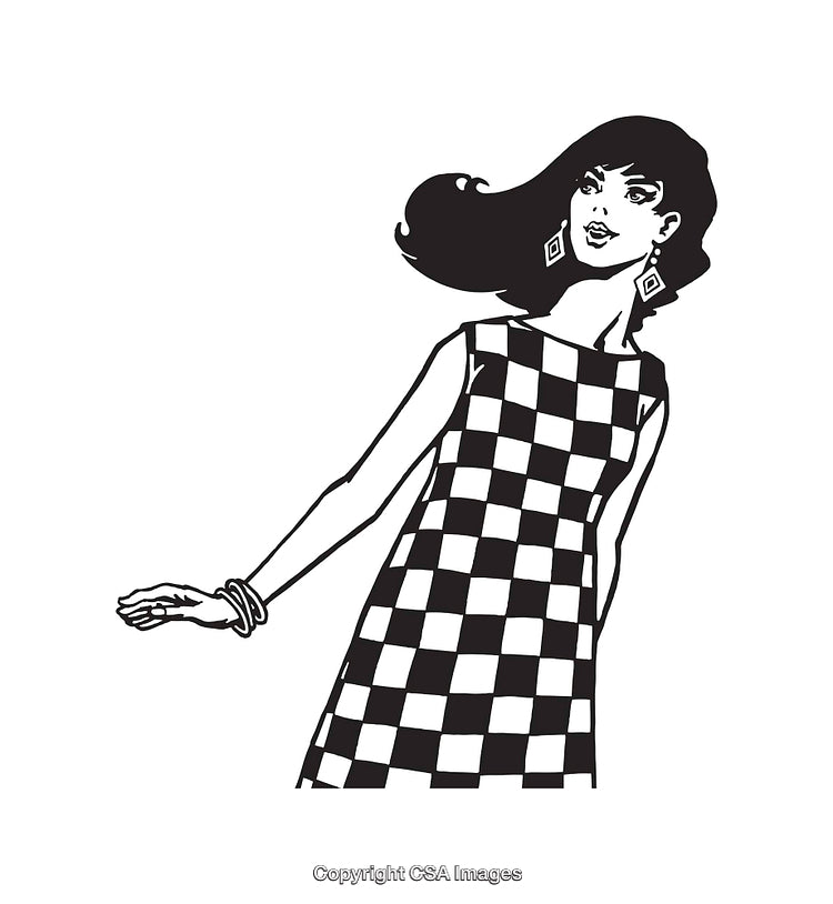 Black and White Illustration of Fashionable Woman in Checkered Dress