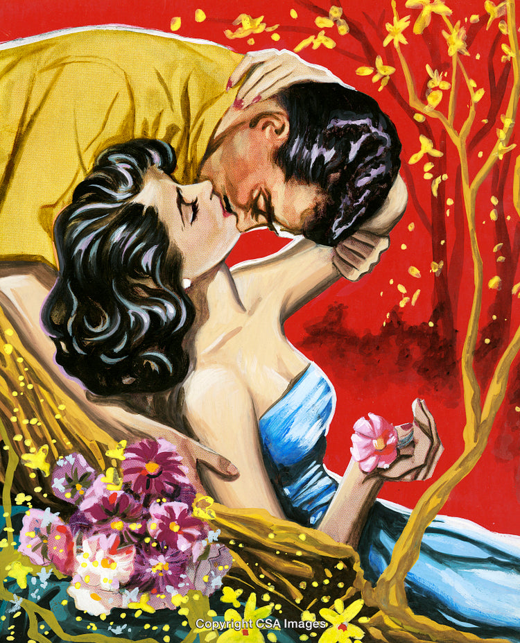 Romantic Couple Kissing Amid Vibrant Flowers in Artistic Illustration