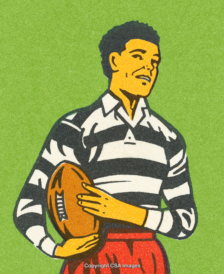 Illustration of a Rugby Player Holding a Ball on Green Background