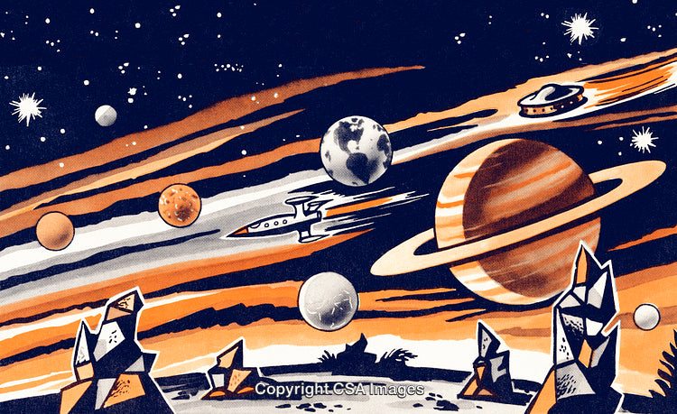 Futuristic Illustration of Outer Space with Planets, Spaceships, and Asteroids