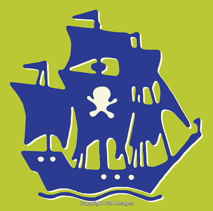 Bold Blue Pirate Ship Design on Vibrant Green Background