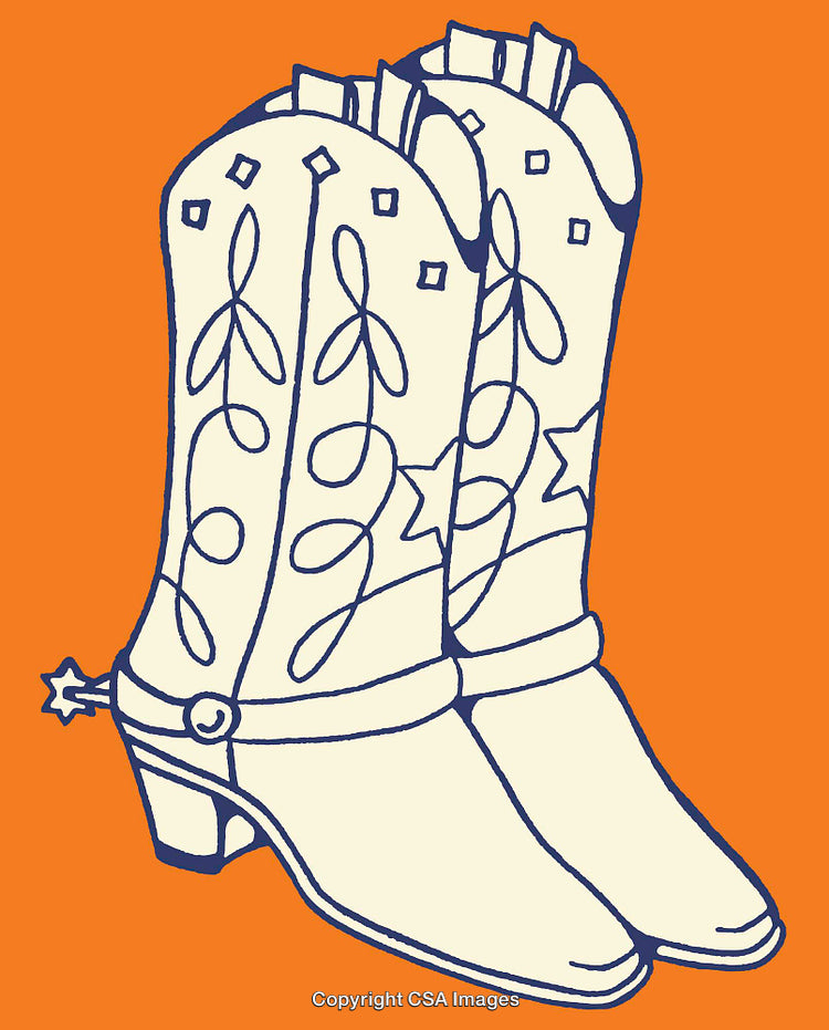Illustration of Stylish Cowboy Boots with Decorative Patterns on an Orange Background