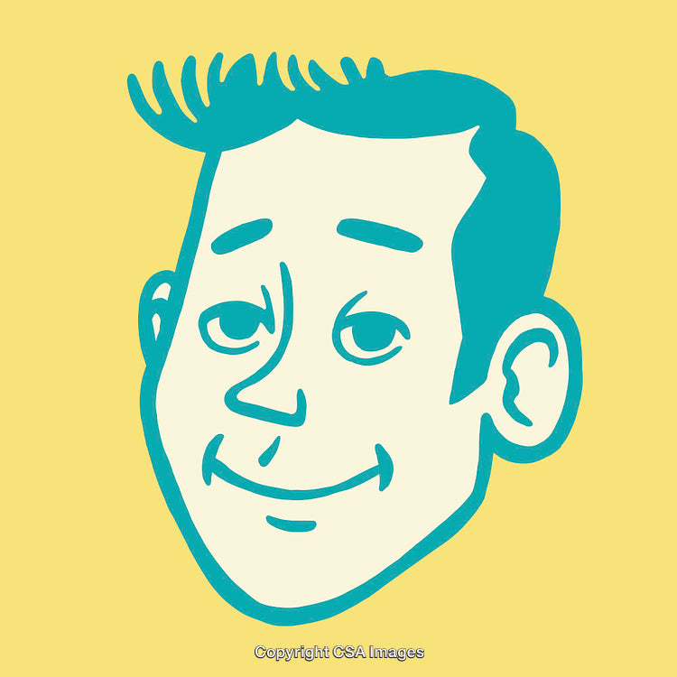 Smiling Male Character Illustrated in Blue and Yellow Vector Line Art Style