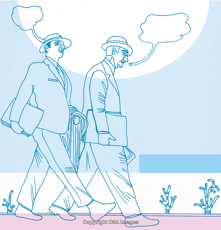 Two Businessmen Conversing While Walking Together in a Minimalist Artwork