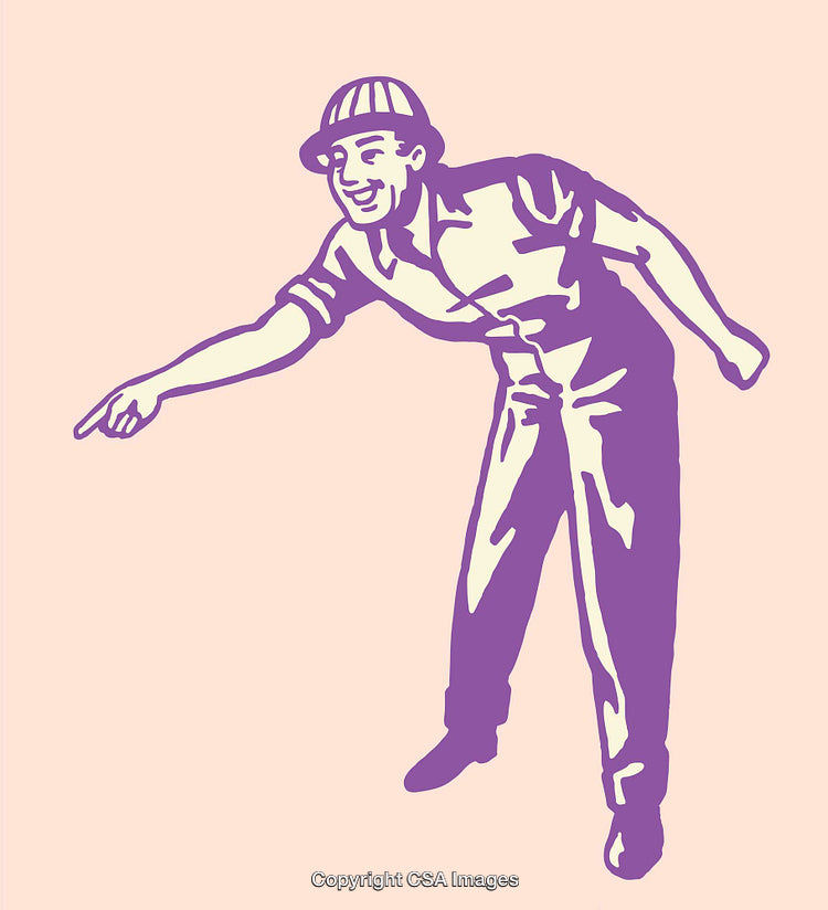 Vintage Style Line Art of a Smiling Man Pointing Forward