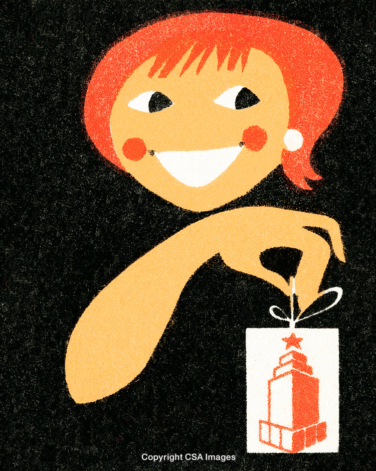 Illustrated Portrait of Smiling Woman Holding a Card with Simple Graphic Design