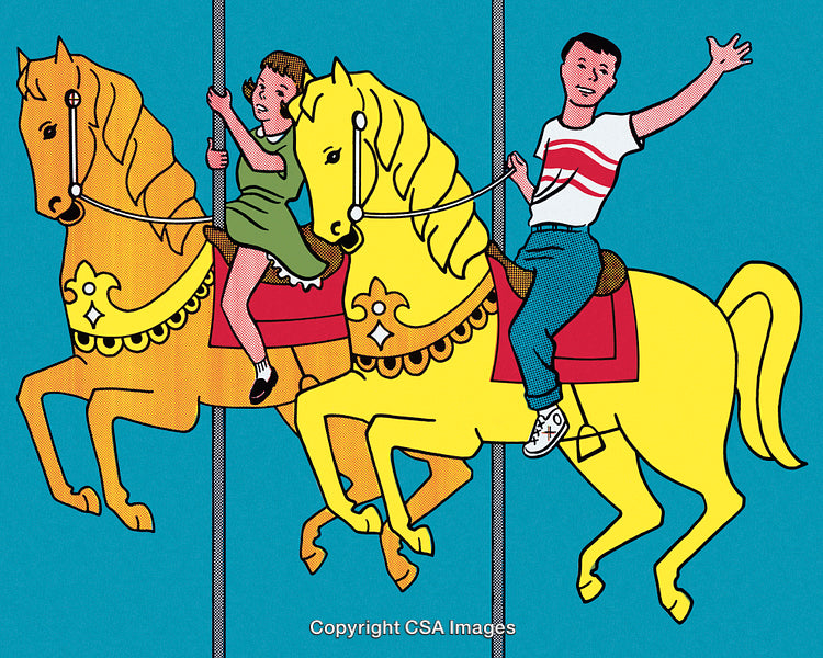 Colorful Retro Carousel Ride With Joyful Riders and Yellow Horses