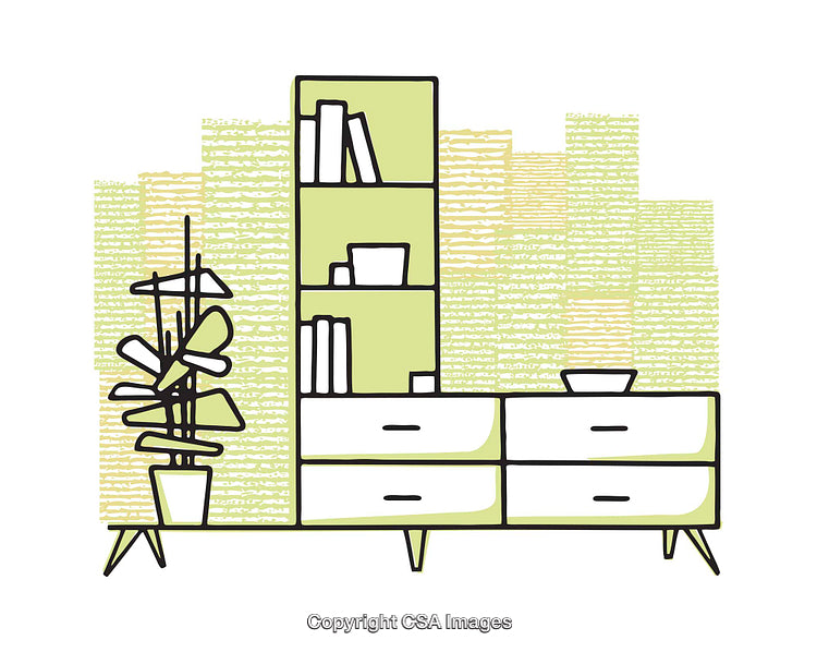 Contemporary Illustration of a Shelving Unit with Potted Plant and Accessories