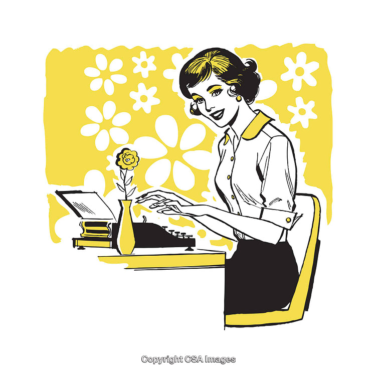 Retro Illustration of a Smiling Woman Typing With Floral Background