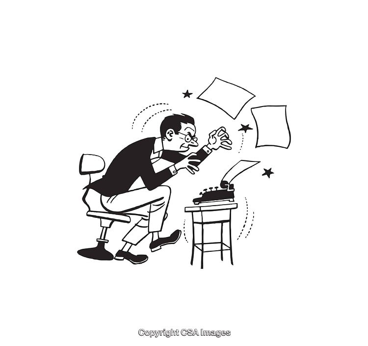 Black and White Line Art of a Writer Struggling at a Typewriter