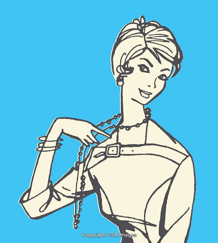 Elegant Retro Styled Woman Illustrated in Color Line Art on Blue Background