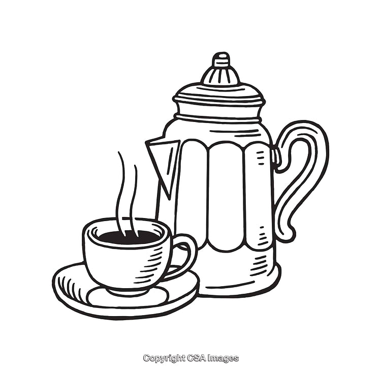 Black and White Line Art of a Teapot With a Steaming Cup